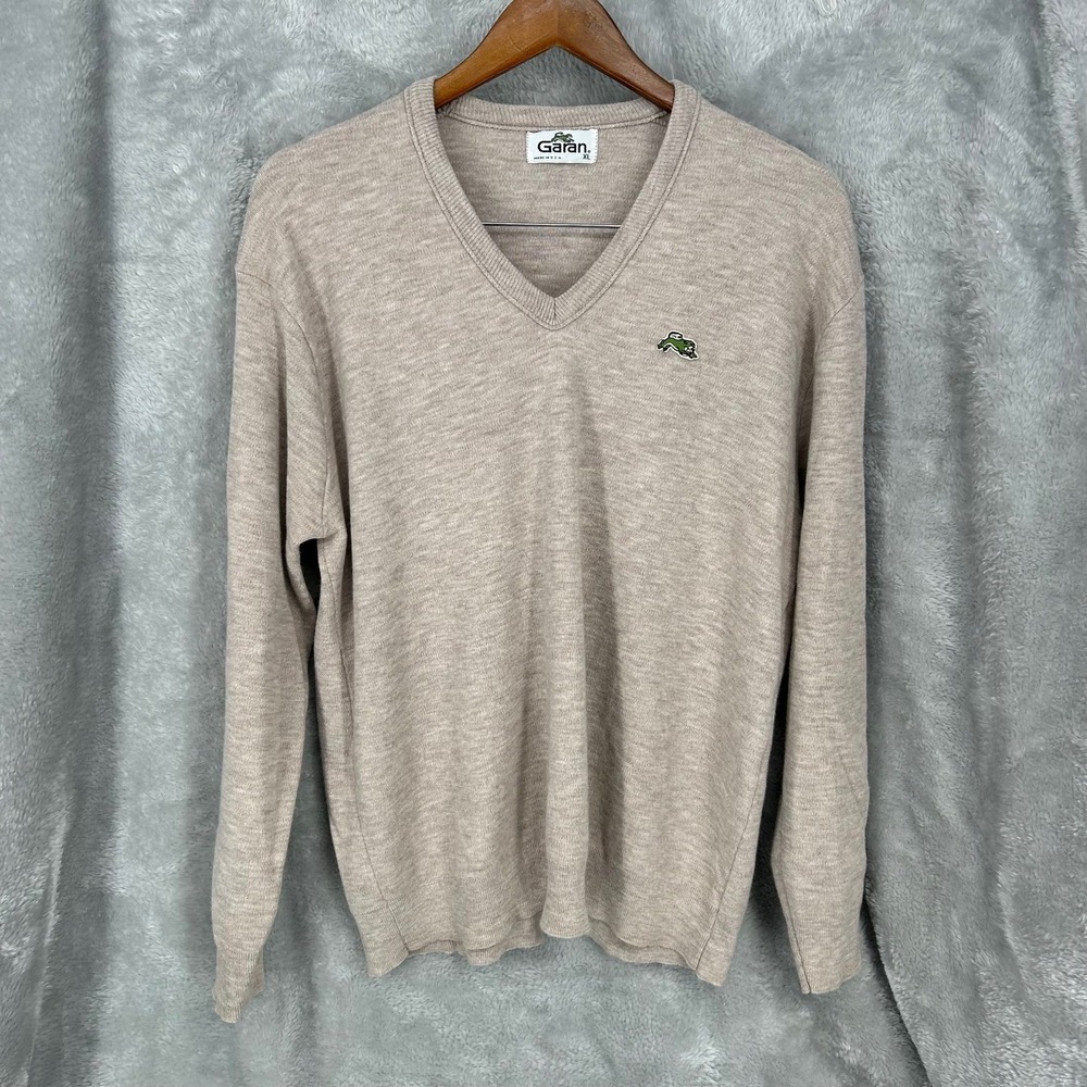 Garan Mens V Neck Sweater Beige XL Embroidered Animal Logo Long Sleeve Top